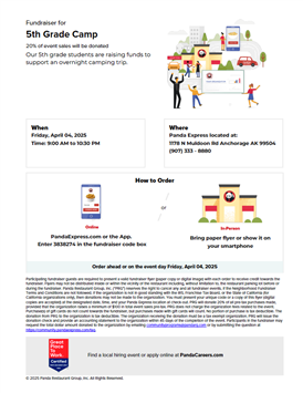  Panda Express Fundraiser Flier showing dates and how to order